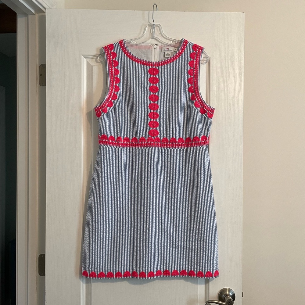 Vineyard Vines Blue Seersucker Mini Dress with Pink Trim
